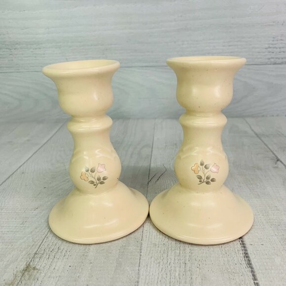 Pfaltzgraff REMEMBRANCE Stoneware Peach Pink Floral 5" Candle Stick Holders Set - Picture 2 of 9